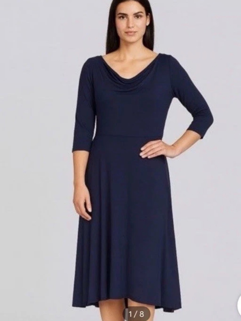 Eileen Fisher Navy Draped Cowl-Neck Midi Dress